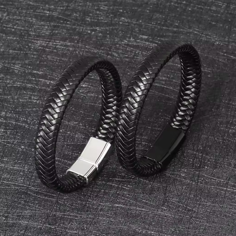 Black Braided Leather Bracelet Set